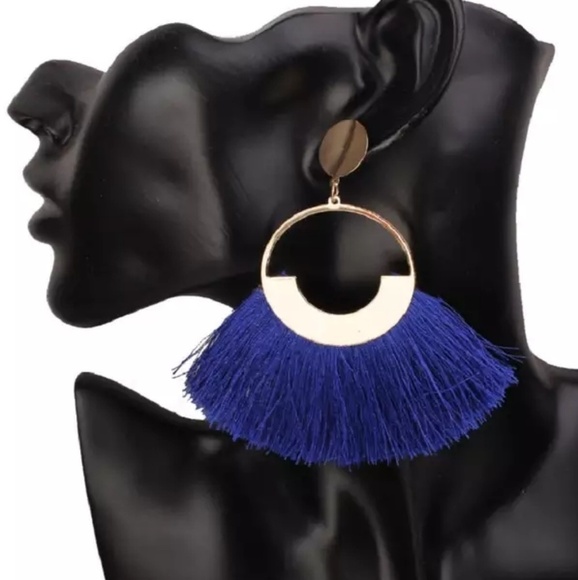 NEW Boho Long Tassels Earrings Gold Blue - Picture 1 of 7